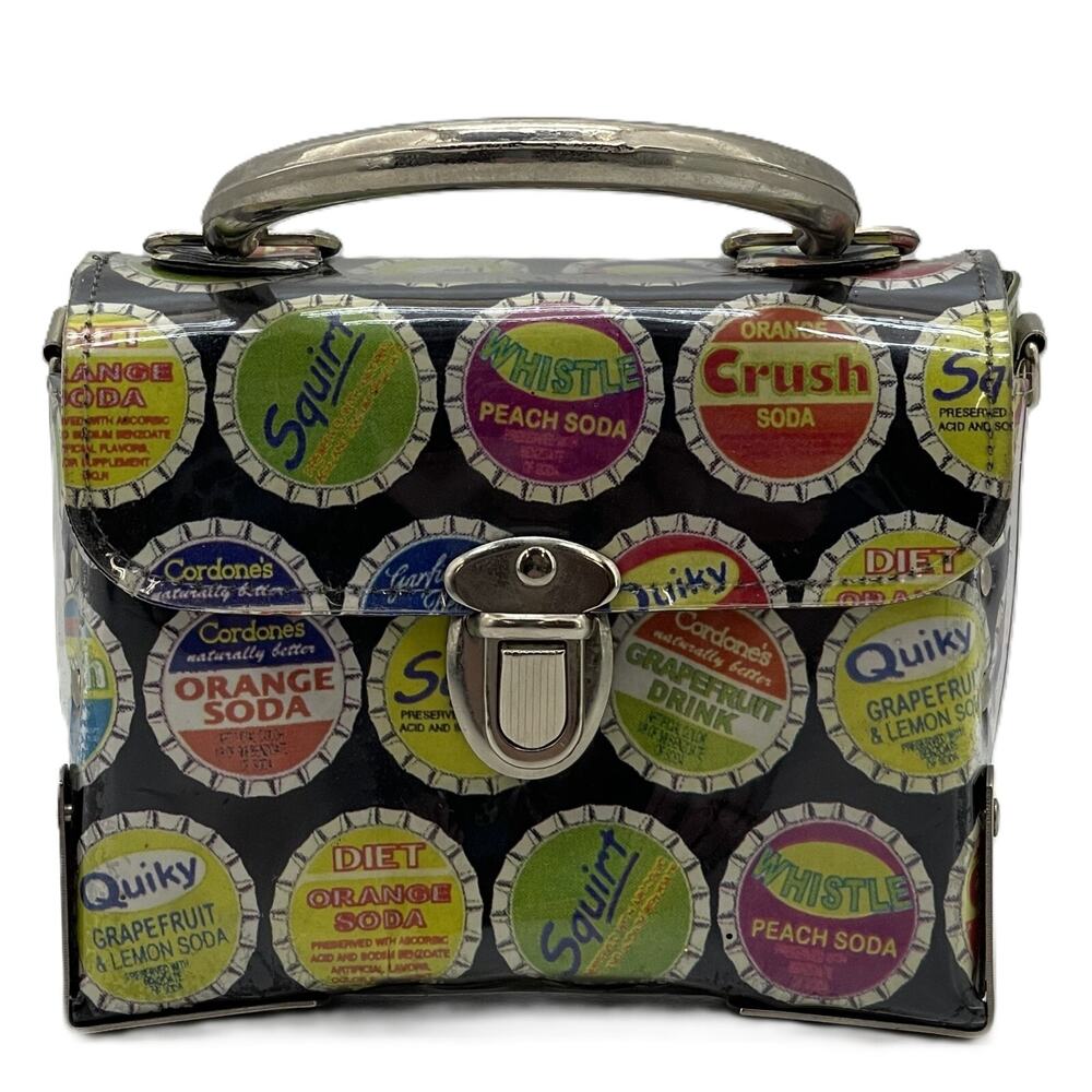 Vintage Soda Cap Designs Handbag Storage Carry Pouch Tuck Lock Buckle Purse